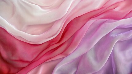 Obraz premium Abstract flowing waves of translucent fabric in soft pink, red, and lavender hues, delicate and airy texture, gentle gradients with a subtle light source.