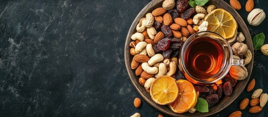 Plate of assorted nuts and dried fruits accompanied by a glass cup of tea Ramadan theme Top view flat lay. with copy space image. Place for adding text or design