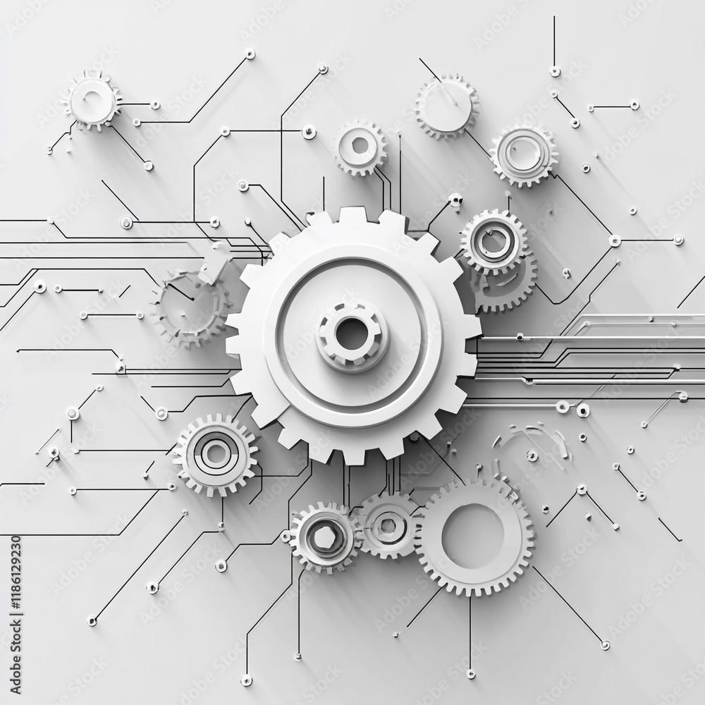 Poster gears and circuits merge in a modern design emphasizing technology and innovation