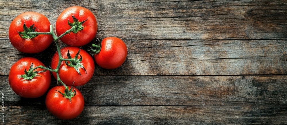 Poster fresh ripe tomatoes on a vintage wooden table viewed from above rustic background with room for text