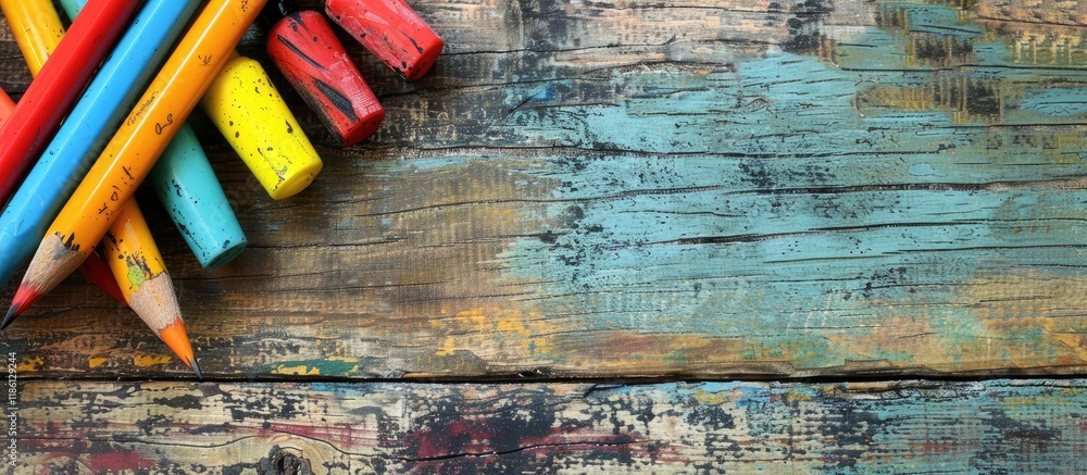 Aufkleber markers and pens on a weathered wooden surface. with copy space image. place for adding text or desi
