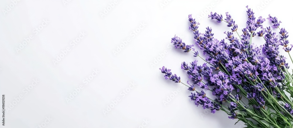 Fototapete top view of a bouquet of purple lavender blossoms on a white background bouquet of lavandula blooms.