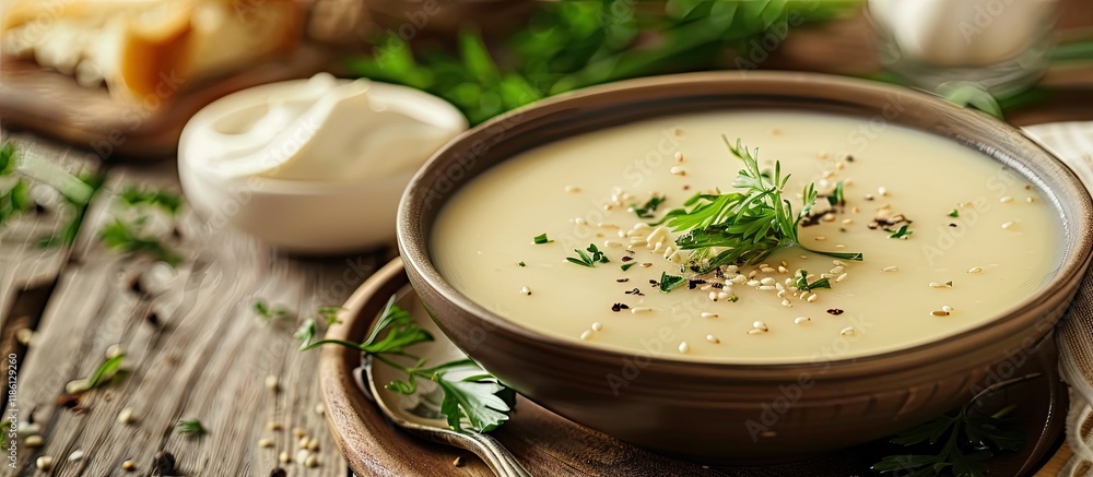 Leinwandbilder cheese soup topped with sesame seeds herbs and vegetables served on a beautifully arranged table. wi
