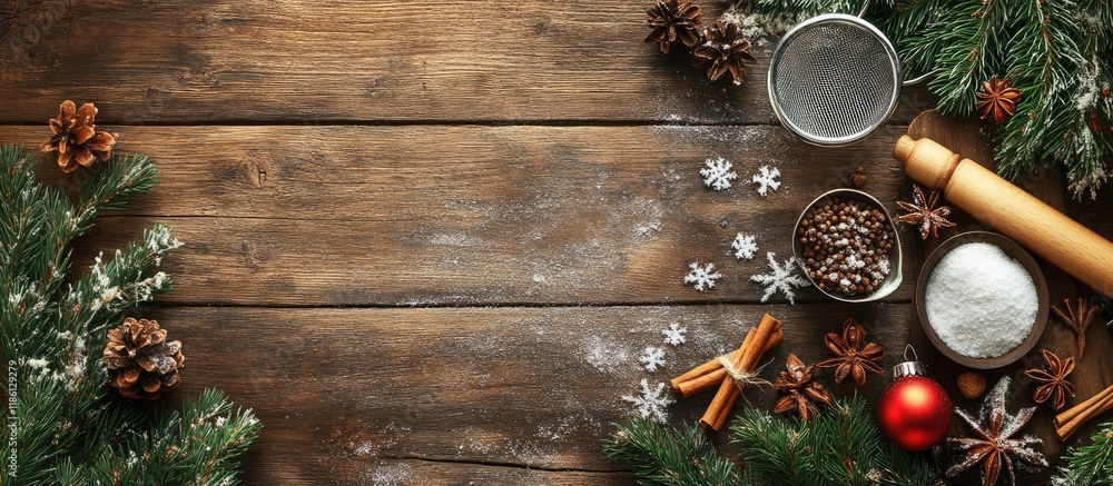 Aufkleber Christmas baking backdrop featuring a strainer rolling pin spices Christmas tree branches and decorations on a rustic wooden table with copyspace from a top view