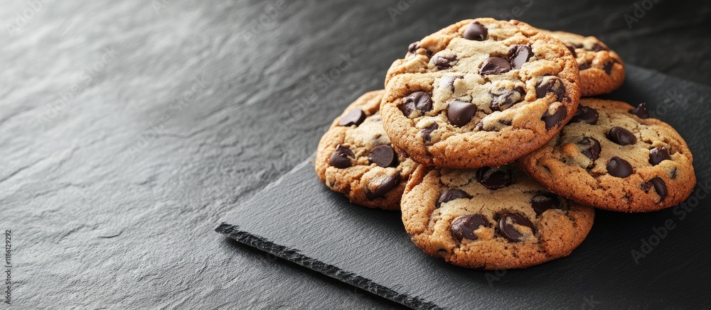 Fototapete close up of a pile of chocolate chip cookies on a slate surface horizontal layout with copy space