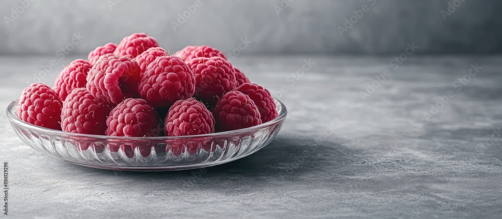 Poster red ripe raspberries on a small glass plate gourmet treat. with copy space image. place for adding t