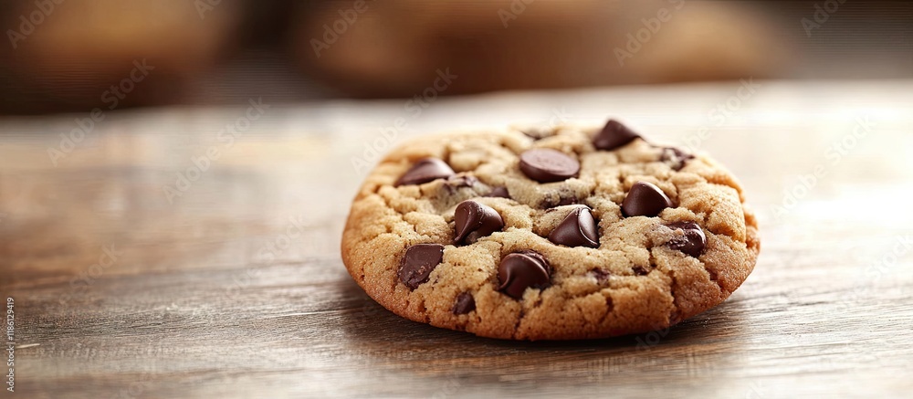 Poster close up of a chocolate chip cookie on a table. with copy space image. place for adding text or desi