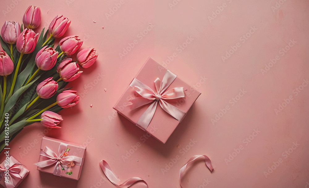 Poster pink box with a ribbon on top of a pink background. there are two other boxes on the background