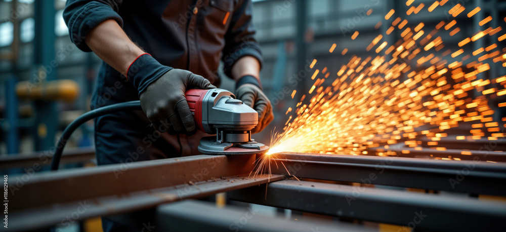 Poster worker grinds steel structure in factory. industrial tech process. sparks fly from metal. protective
