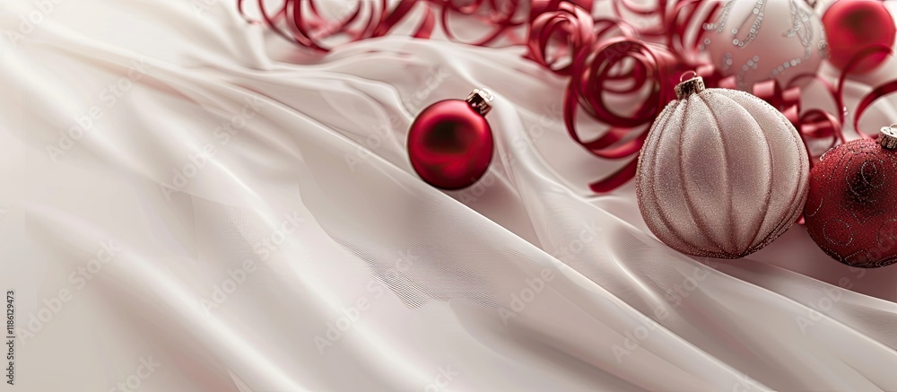 Fototapete Christmas decorations on a light fabric backdrop with space for text. with copy space image. Place for adding text or design