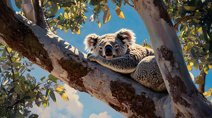 Fototapeta premium Koala relaxing on tree branch with soft fur and blue sky in Australian wildlife setting