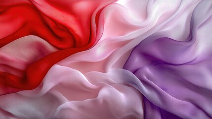 Obraz premium Abstract flowing waves of translucent fabric in soft pink, red, and lavender hues, delicate and airy texture, gentle gradients with a subtle light source.