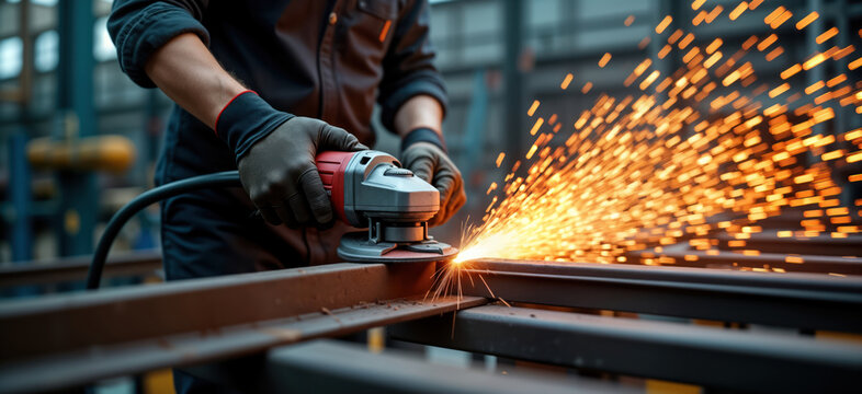 Worker grinds steel structure in factory. Industrial tech process. Sparks fly from metal. Protective equipment worn. Modern manufacturing. Manual tech. Steel construction. Electric tool. Focus on
