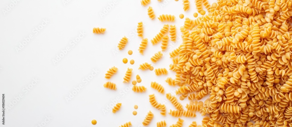 Poster uncooked red lentil pasta on a white background space for text. with copy space image. place for add