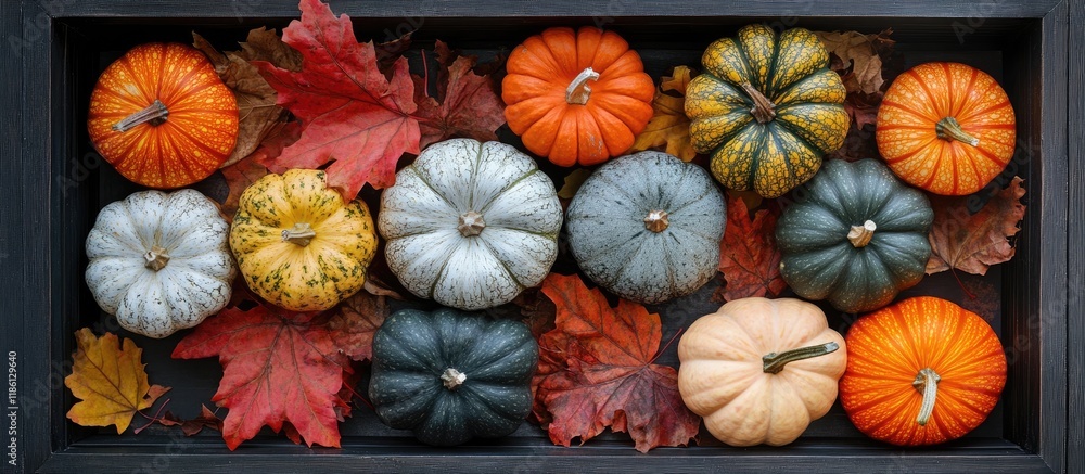 Aufkleber Top view of a tray filled with various pumpkins and autumn leaves. with copy space image. Place for adding text or design