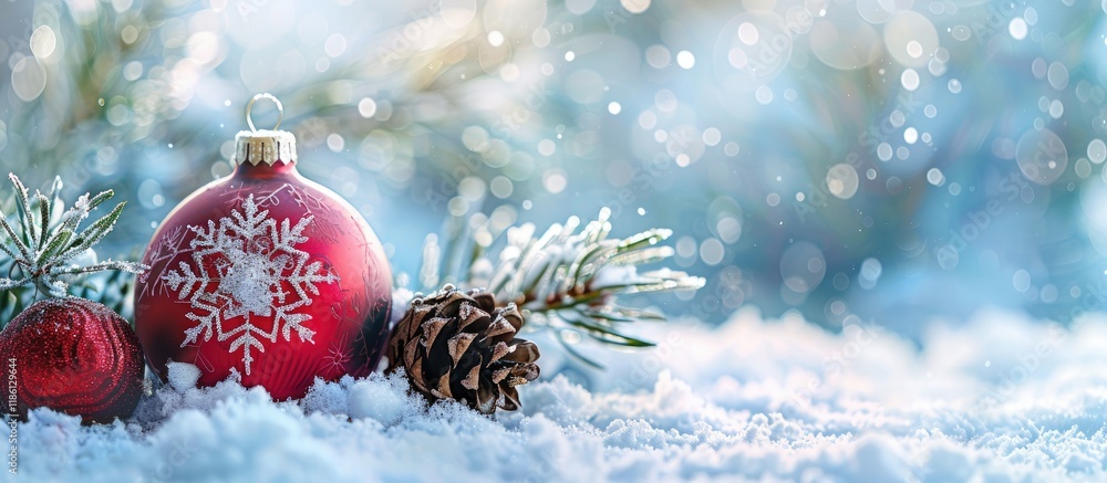 Leinwandbilder Christmas toy red ball featuring a snowflake and a pine branch with cones on the snow. with copy space image. Place for adding text or design