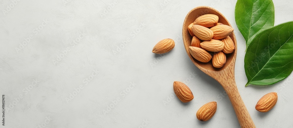 Aufkleber spoon with delicious almonds and fresh green leaves on a light grey table room for text. with copy s