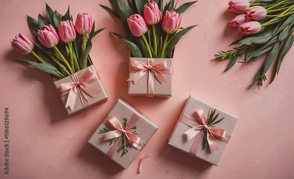 Aufkleber three boxes of flowers with pink bows on them. the boxes are arranged in a row