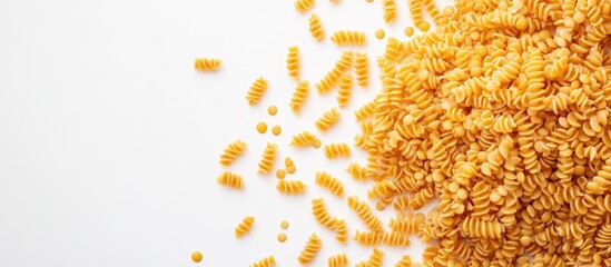 Uncooked red lentil pasta on a white background Space for text. with copy space image. Place for adding text or design