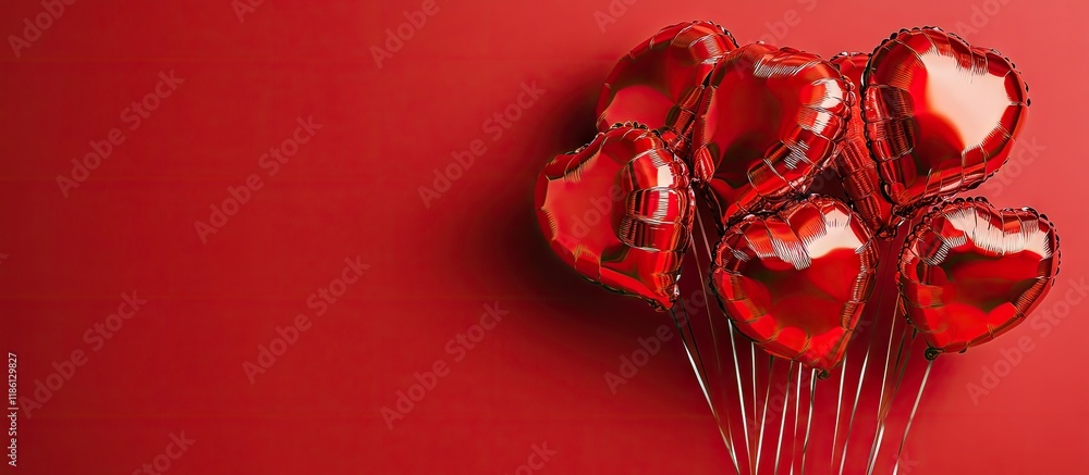 Poster heart shaped foil balloons on a red background from a top view copy space celebratory vertical backg