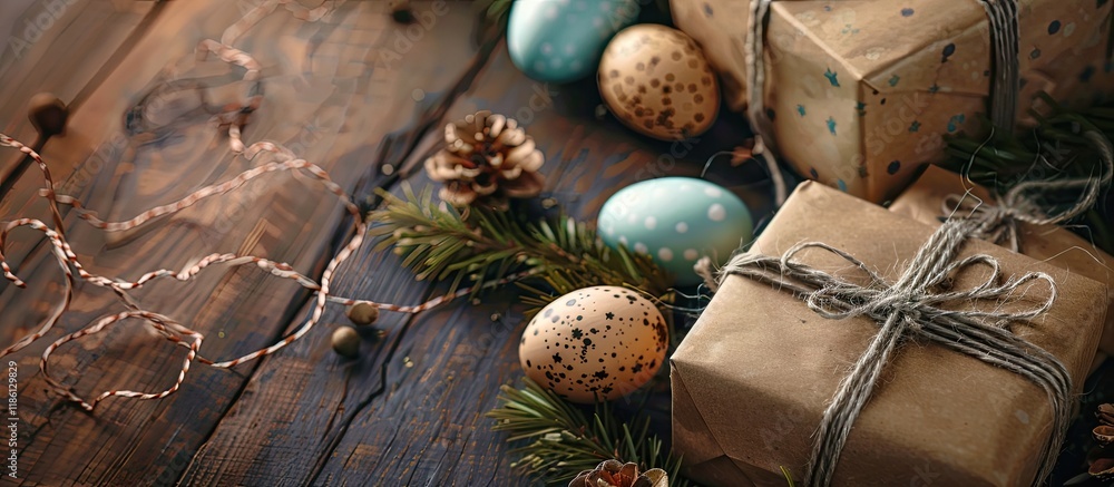 Aufkleber easter theme featuring decorative eggs and gift boxes on a wooden surface. with copy space image. pl