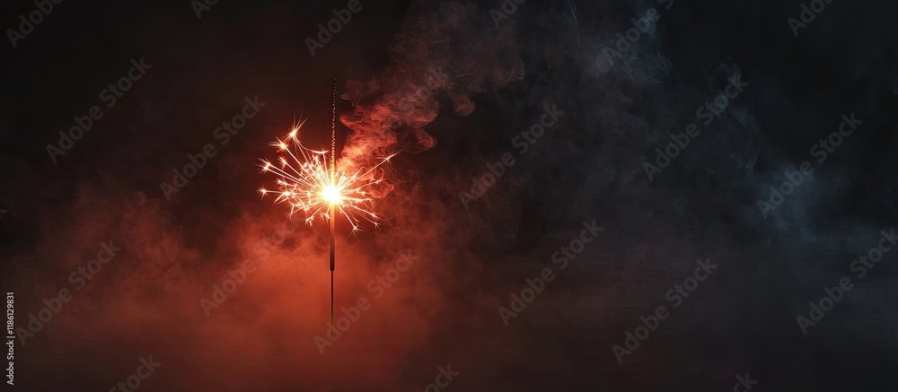 Poster Christmas sparkler in fog with red illumination. with copy space image. Place for adding text or design