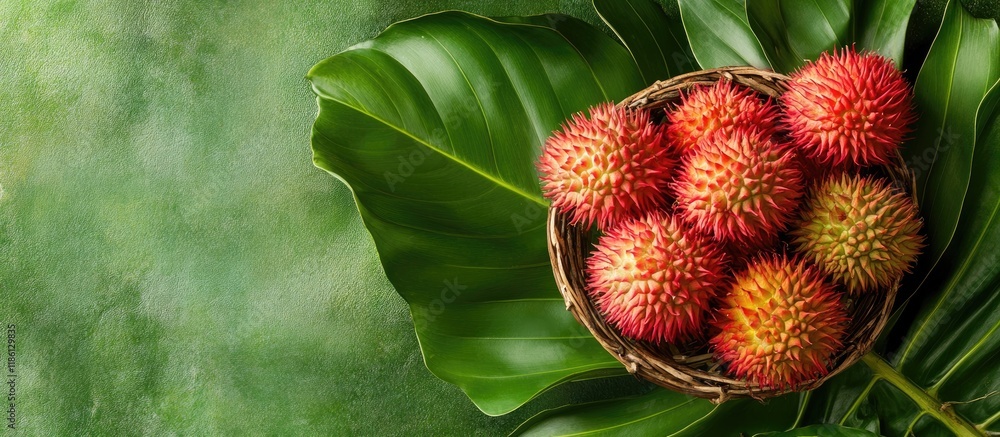 Aufkleber fresh rambutans in a basket set on a green leaf concept. with copy space image. place for adding tex
