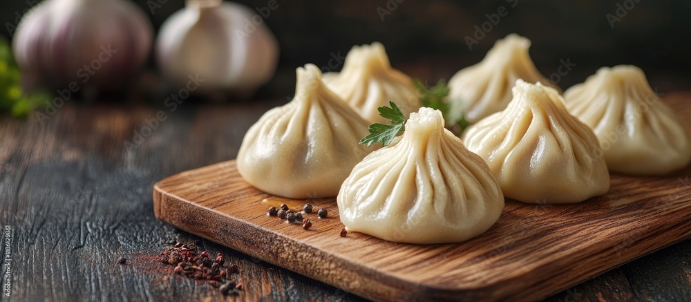 Aufkleber georgian dumpling known as khinkali homemade khinkali from georgia on a wooden surface. with copy sp