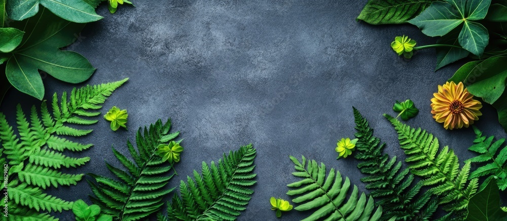 Fototapete Creative arrangement of green fern and dahlia leaves on a gray background with space for your text Flat lay Nature concept. with copy space image. Place for adding text or design