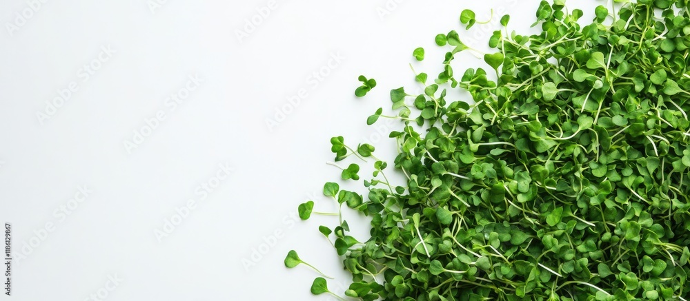 Poster green sunflower microgreens viewed from above on a white background. with copy space image. place fo