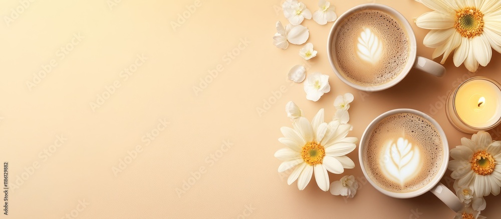 Leinwandbilder coffee flowers and candles on a beige background symbolize the warmth and coziness of home. with cop