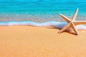 A photostock of a turquoise ocean wave gently washing over smooth sandy shores, ideal for calming beach vibes. High Quality