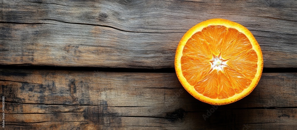 Leinwandbilder fresh orange on aged wood surface top view. with copy space image. place for adding text or design