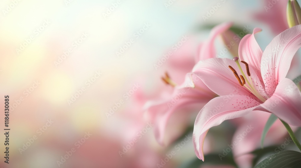 Sticker Soft pink lilies open up beautifully amidst a gentle blurred backdrop, creating a tranquil atmosphere in a garden