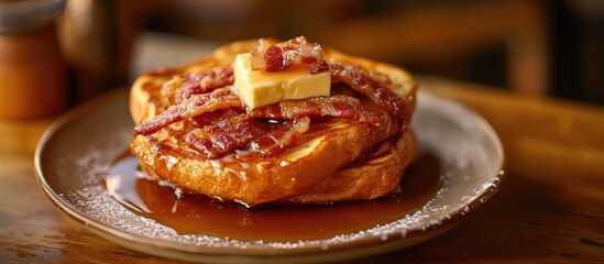French toast Homemade French toast topped with crispy maple bacon butter and maple syrup A classic favorite for American breakfast or brunch Made from scratch this French toast is served with bacon