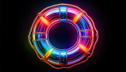 colorful glowing neon lifebuoy, dark background
