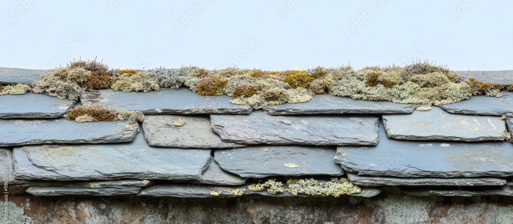 Poster close up of an aged slate roof adorned with dry moss and lichen on a clay wall copy space shallow de