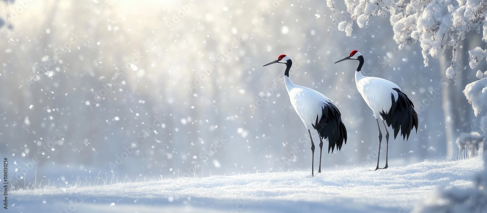 Poster Winter bird watching red crowned cranes. with copy space image. Place for adding text or design