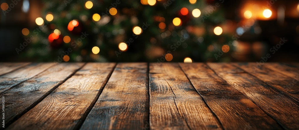 Aufkleber wooden table with free space for your product and a blurred background of a Christmas tree. with copy space image. Place for adding text or design