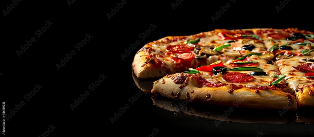 Aufkleber Half a pizza in close up on a black background. with copy space image. Place for adding text or design