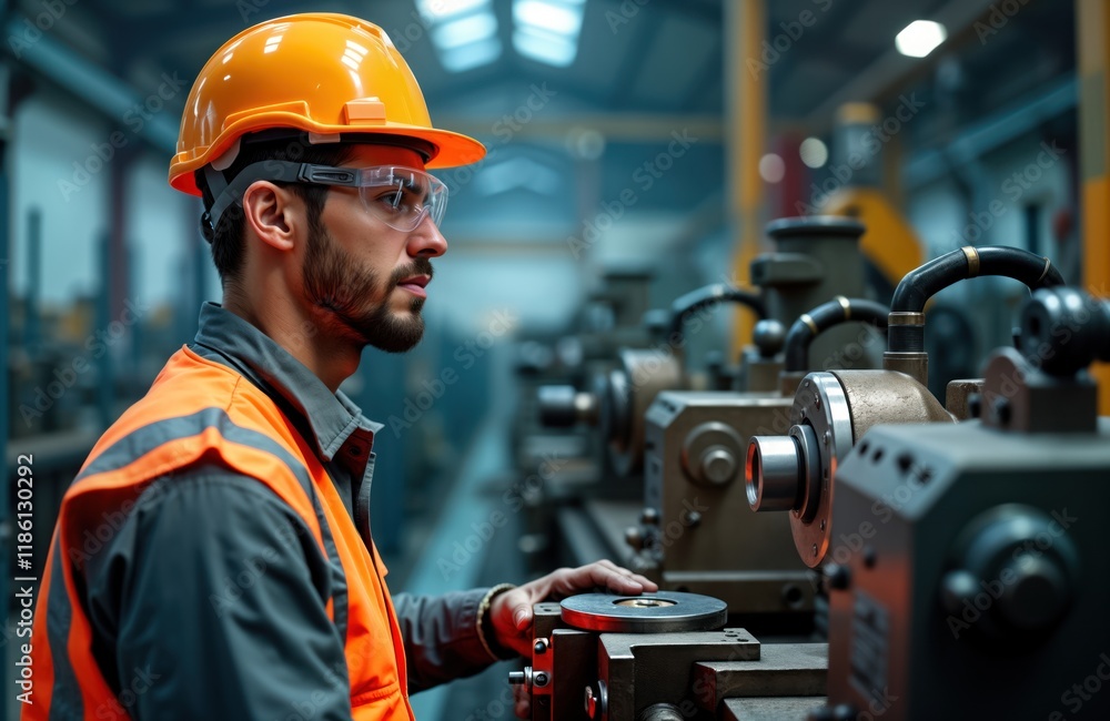 Aufkleber man in safety gear controls lathe machine. industrial worker drills metal components. manufacturing 