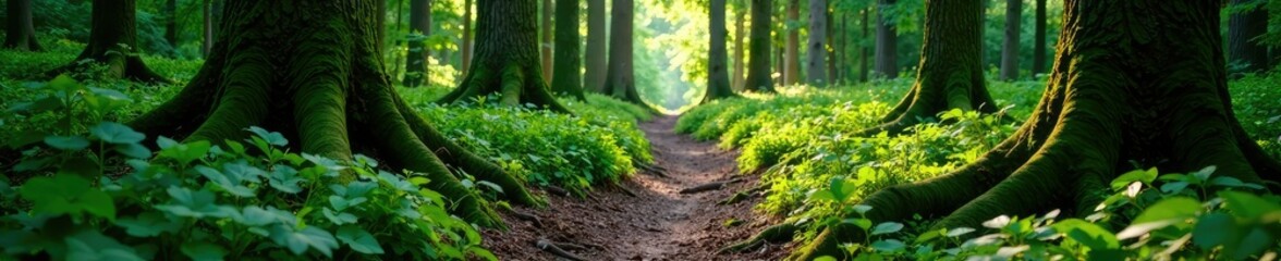 Obraz premium Overgrown forest walkway with evergreen trees, tree roots, wilderness, overgrown forest