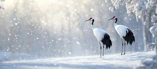 Obraz premium Winter bird watching red crowned cranes. with copy space image. Place for adding text or design