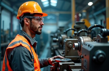 Man in safety gear controls lathe machine. Industrial worker drills metal components. Manufacturing factory setting. Focus on precision, industrial production. Professional operator at work. Modern