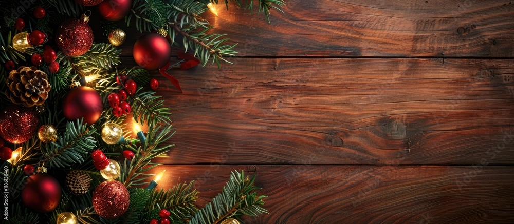 Aufkleber Christmas tree decorations with ornaments on a wooden surface. with copy space image. Place for adding text or design