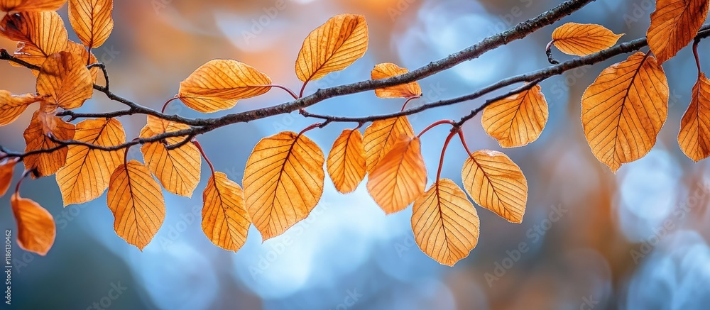 Fototapete close up of autumn colored leaves on a beech tree branch captured backlit. with copy space image. pl