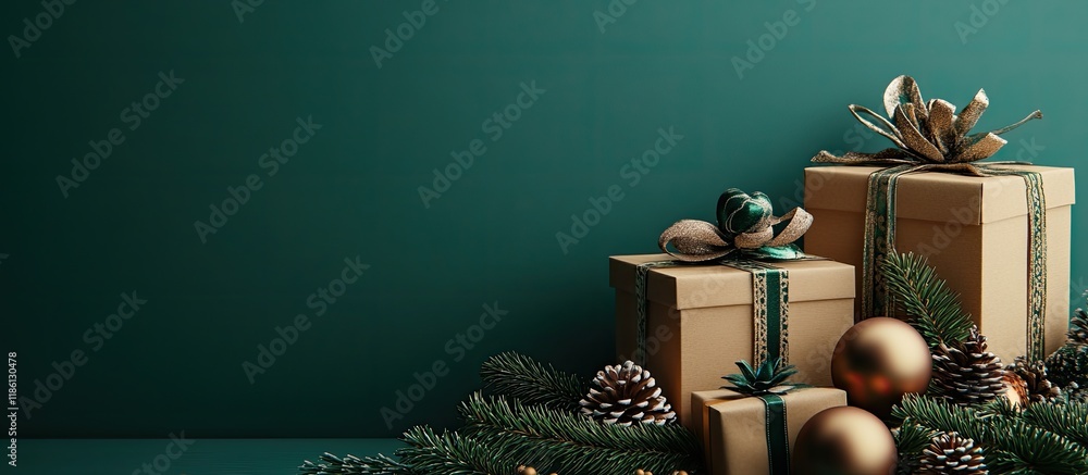 Aufkleber Create gift boxes and presents adorned with Christmas decorations on a craft background. with copy space image. Place for adding text or design