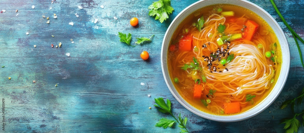 Leinwandbilder vegetarian vegetable soup featuring vermicelli and spring onions studio photo. with copy space image