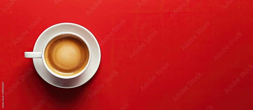 Aufkleber coffee cup on a red background top view flat lay with copy space
