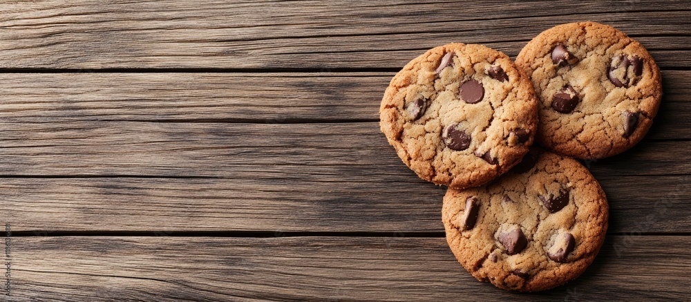 Poster tasty cookies on a wooden backdrop. with copy space image. place for adding text or design